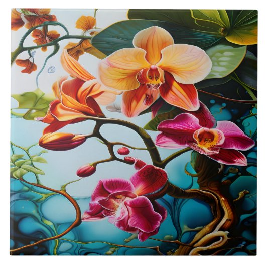 Lebhafte Lila Orchideen gegen bunten Hintergrund Fliese (Vorderseite)