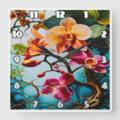 Lebhafte Lila Orchideen gegen bunten Hintergrund Quadratische Wanduhr (Vorderseite)