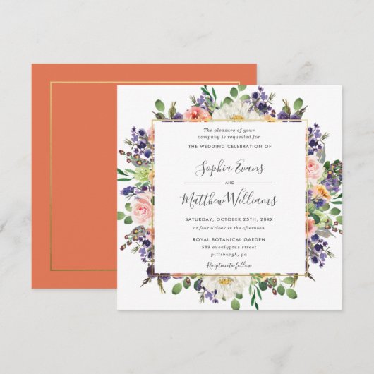 Lebhafte Lila Peach Elfenbeinblüte Blumenhochzeit Einladung (Vorne/Hinten)