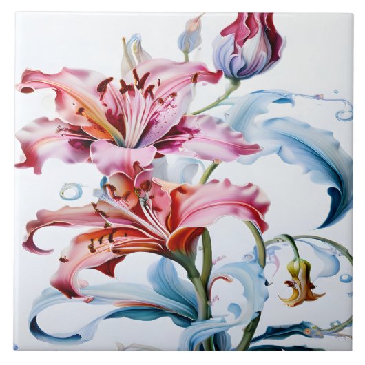 Lebhafte Lilien in Blüte vor weißem Hintergrund Fliese (Vorderseite)