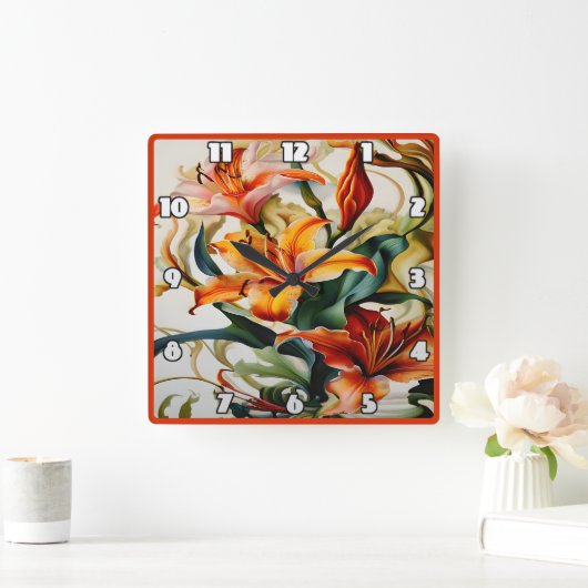 Lebhafte Lilien in farbenprächtigem abstraktem Des Quadratische Wanduhr (Zuhause)