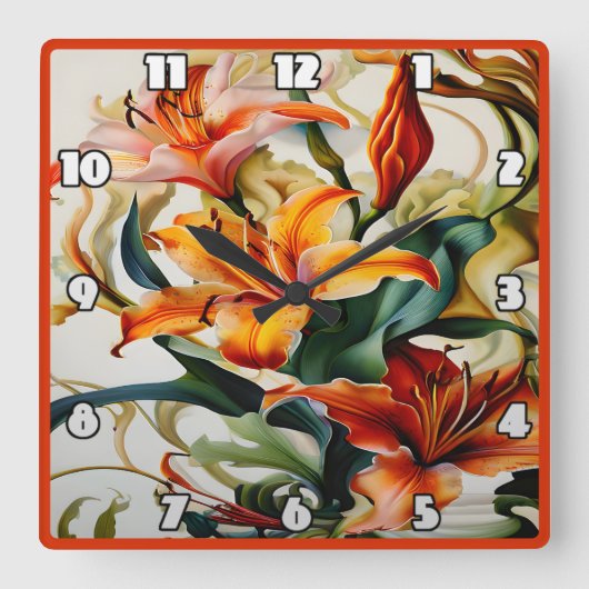 Lebhafte Lilien in farbenprächtigem abstraktem Des Quadratische Wanduhr (Vorderseite)