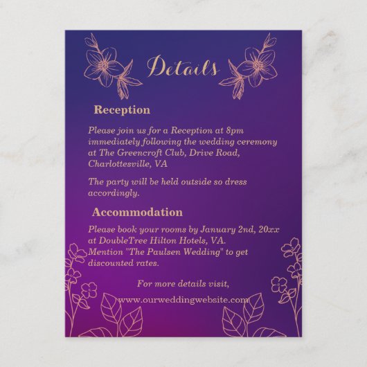 Lebhafte Magenta Lila mit blumengesäumten Hochzeit Begleitkarte (Vorderseite)