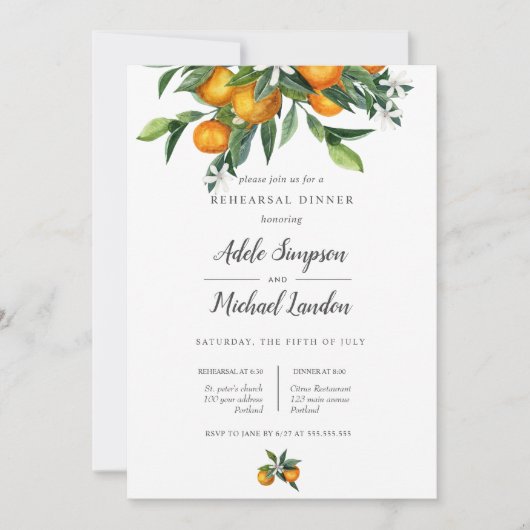 Lebhafte Mandarine Orange Citrus Probe Abendessen Einladung (Vorderseite)