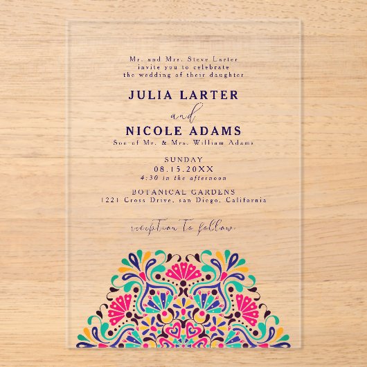 Lebhafte mexikanische Fiesta Style Rainbow Wedding Acryleinladungen (Vorderseite)