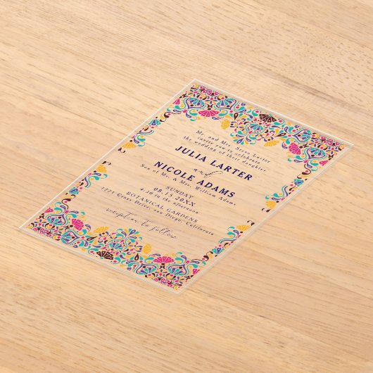 Lebhafte mexikanische Fiesta Style Rainbow Wedding Acryleinladungen (Ablage )