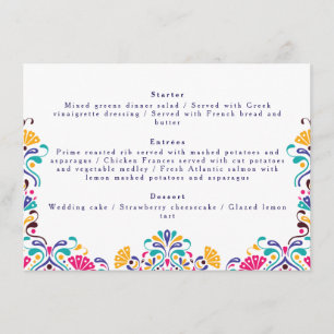 Lebhafte mexikanische Fiesta Style Rainbow Wedding Menükarte