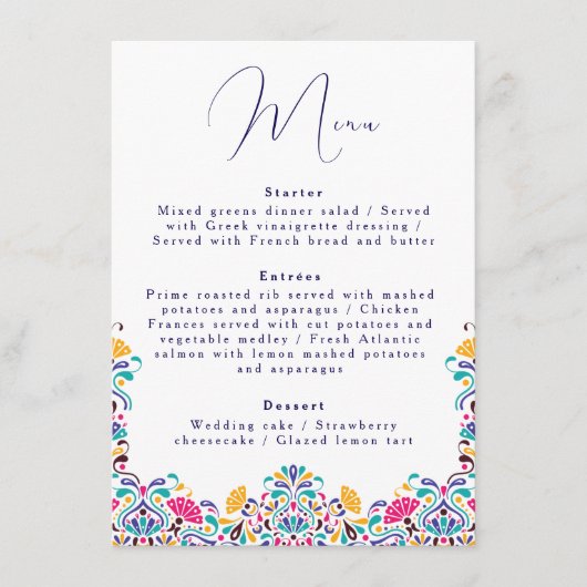 Lebhafte mexikanische Fiesta Style Rainbow Wedding Menükarte (Vorderseite)
