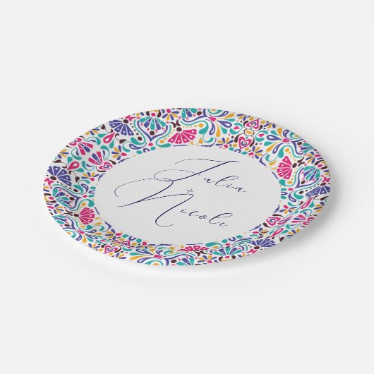 Lebhafte mexikanische Fiesta Style Rainbow Wedding Pappteller (Schrägansicht)