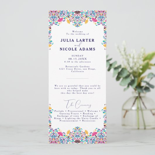 Lebhafte mexikanische Fiesta Style Rainbow Wedding Programm (Stehend Vorderseite)