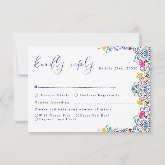 Lebhafte mexikanische Fiesta Style Rainbow Wedding RSVP Karte (Vorderseite)