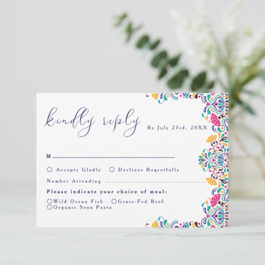 Lebhafte mexikanische Fiesta Style Rainbow Wedding RSVP Karte (Stehend Vorderseite)