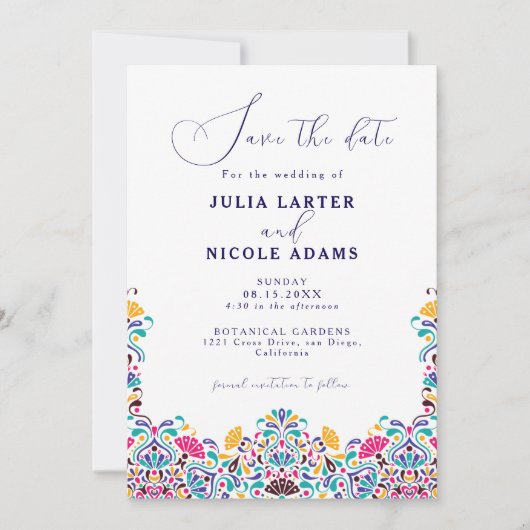 Lebhafte mexikanische Fiesta Style Rainbow Wedding Save The Date (Vorderseite)