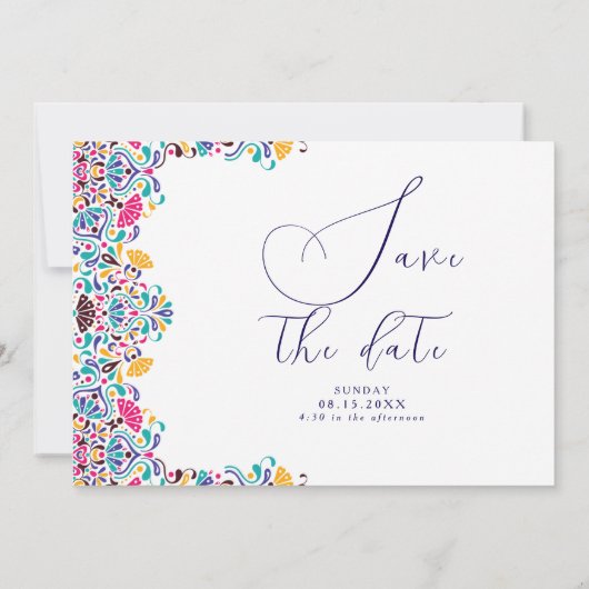Lebhafte mexikanische Fiesta Style Rainbow Wedding Save The Date (Rückseite)
