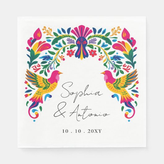 Lebhafte mexikanische Otomi Birds Floral Fiesta We Serviette (Vorderseite)