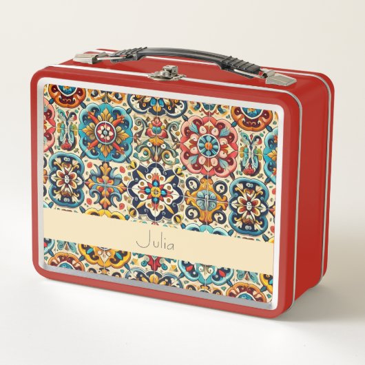 Lebhafte mexikanische Red Blue Tiles Personalisier Metall Brotdose (Vorderseite)