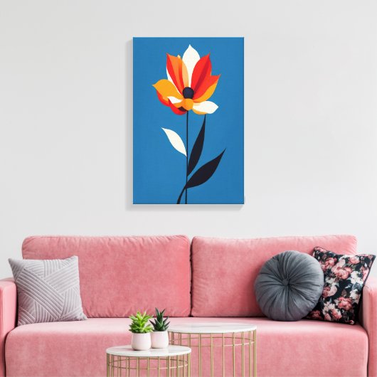 Lebhafte Minimalistische Blume auf Blue Art Leinwanddruck (Insitu (Wohnzimmer))