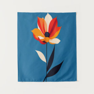 Lebhafte Minimalistische Blume auf Blue Art Wandteppich