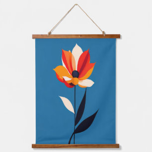Lebhafte Minimalistische Blume auf Blue Art Wandteppich Mit Holzrahmen
