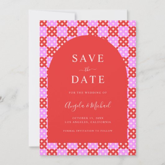 Lebhafte Mod-Hochzeit von Bright Pink & Red Midjah Save The Date (Vorderseite)