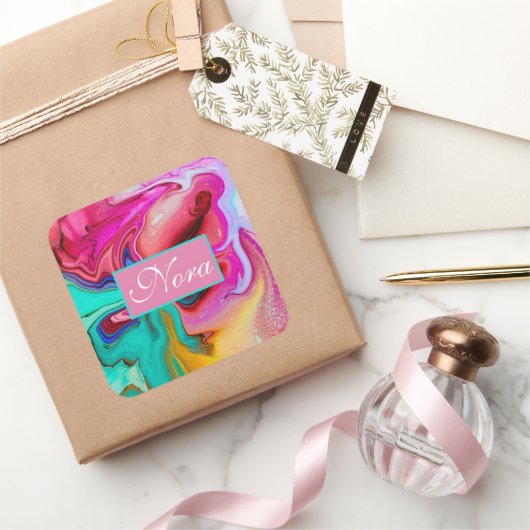 Lebhafte moderne Marmorflora personalisieren Quadratischer Aufkleber (Schenken)