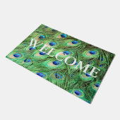 Lebhafte moderne Pfauenfedern willkommen Fußmatte (Schrägansicht)