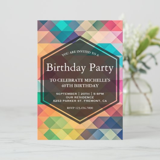 Lebhafte Mosaik Geometric Birthday Party Einladung (Stehend Vorderseite)
