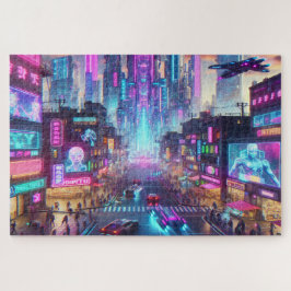 Lebhafte Neon Cyberpunk Cityscape Fantasy | Puzzle