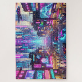 Lebhafte Neon Cyberpunk Cityscape Fantasy | Puzzle