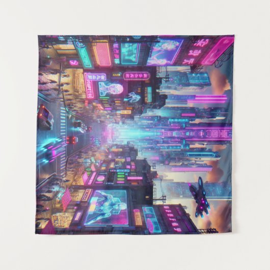Lebhafte Neon Cyberpunk Cityscape Fantasy | Wandteppich (Vorderseite (Horizontal))