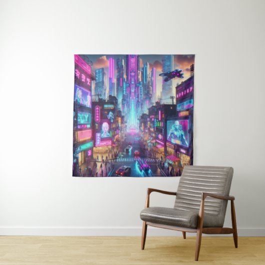 Lebhafte Neon Cyberpunk Cityscape Fantasy | Wandteppich (Beispiel)