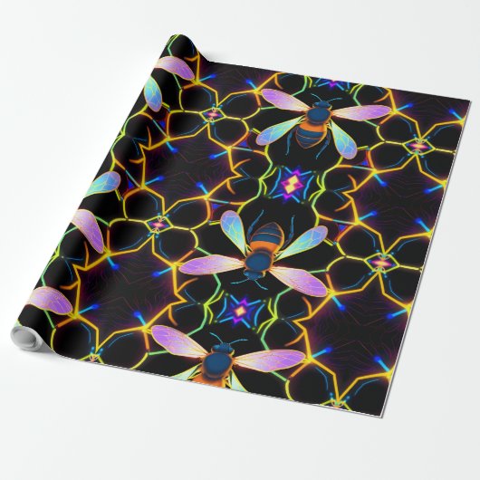 Lebhafte Neon Honeybee mit Abstraktem Hexagonal Geschenkpapier (Ungerollt)