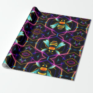 Lebhafte Neon Honeybee mit Abstraktem Hexagonal Geschenkpapier