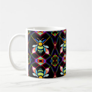 Lebhafte Neon Honeybee mit Abstraktem Hexagonal Kaffeetasse