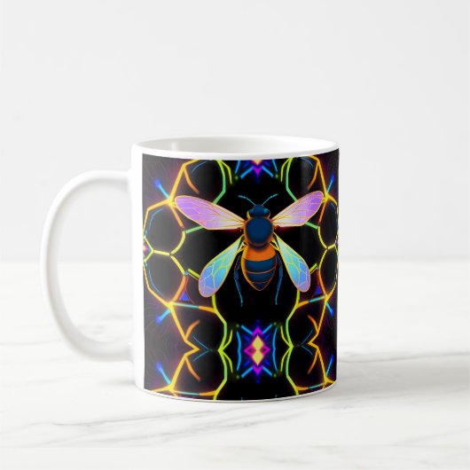 Lebhafte Neon Honeybee mit Abstraktem Hexagonal Kaffeetasse (Links)