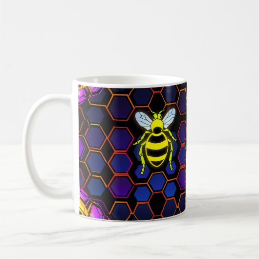 Lebhafte Neon Honeybee mit Abstraktem Hexagonal Kaffeetasse (Links)