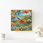 Lebhafte Orange-Blume inmitten wirbelnder Blues Quadratische Wanduhr (Zuhause)