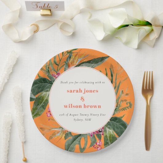 Lebhafte Orange Blush Boho Tropical Floral Wedding Pappteller (Hochzeit)