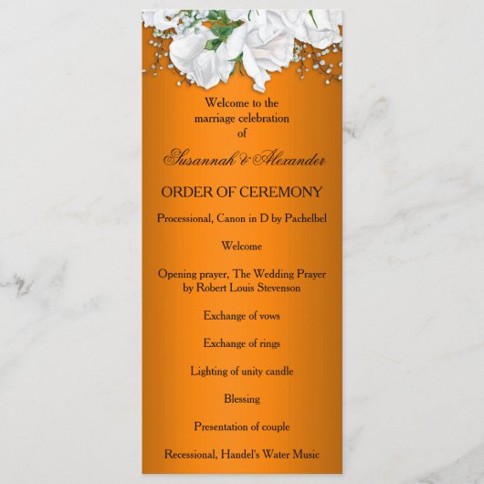 Lebhafte Orange Elegante Rose Hochzeit Programm (Vorderseite)