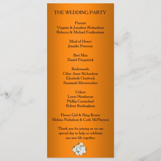 Lebhafte Orange Elegante Rose Hochzeit Programm (Rückseite)