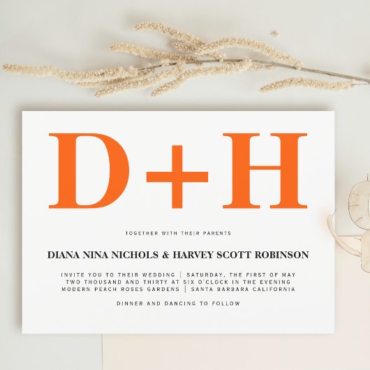 Lebhafte orangefarbene Initialen fett gedruckte Ho Einladung