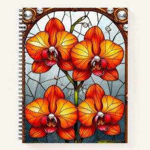 Lebhafte orangefarbene Orchideen in Ziergoldrahmen Notizblock