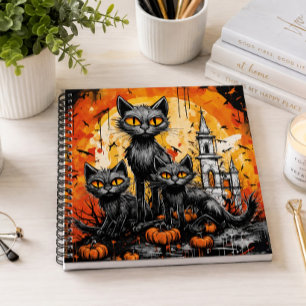 Lebhafte Orangen- und Schwarze Halloween-Katzen Notizblock