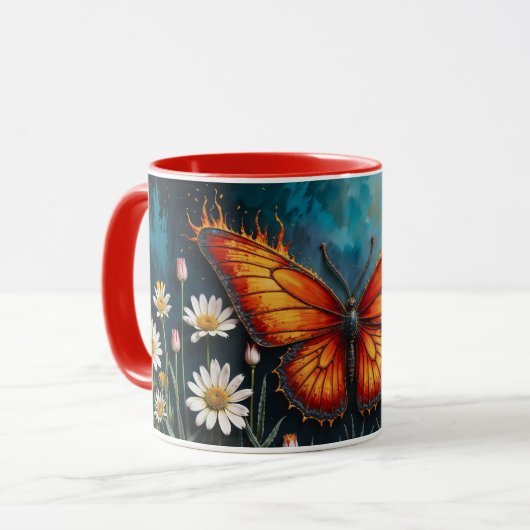 Lebhafte Orangeninsektenschmetterling-Kamille-Blum Tasse (Vorderseite Links)