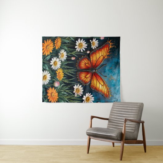 Lebhafte Orangeninsektenschmetterling-Kamille-Blum Wandteppich (Beispiel (Horizontal))