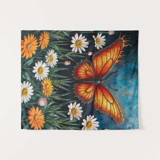 Lebhafte Orangeninsektenschmetterling-Kamille-Blum Wandteppich (Vorderseite (Horizontal))