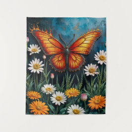 Lebhafte Orangeninsektenschmetterling-Kamille-Blum Wandteppich