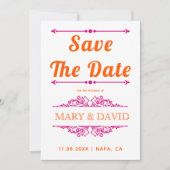 Lebhafte Orangenmagenta-Typografie Save the Date (Vorderseite)