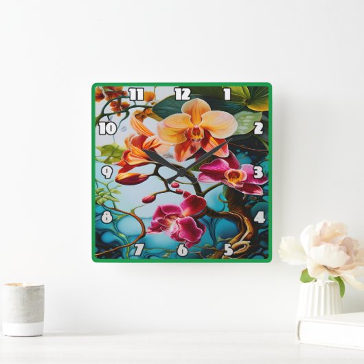 Lebhafte Orchideen blühen im tropischen Paradies Quadratische Wanduhr (Zuhause)