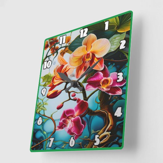 Lebhafte Orchideen blühen im tropischen Paradies Quadratische Wanduhr (Winkel)